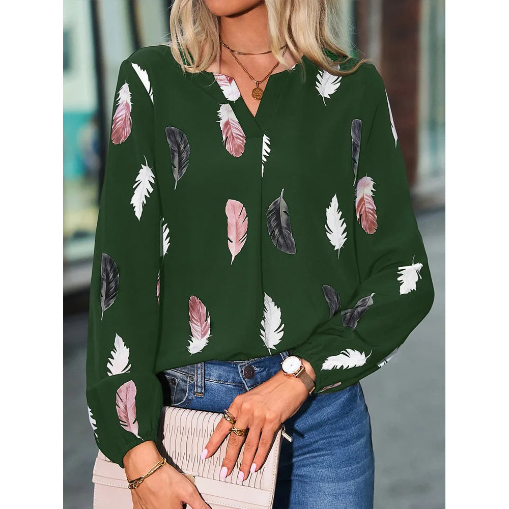 Elegant V-Neck Feather Print Blouse