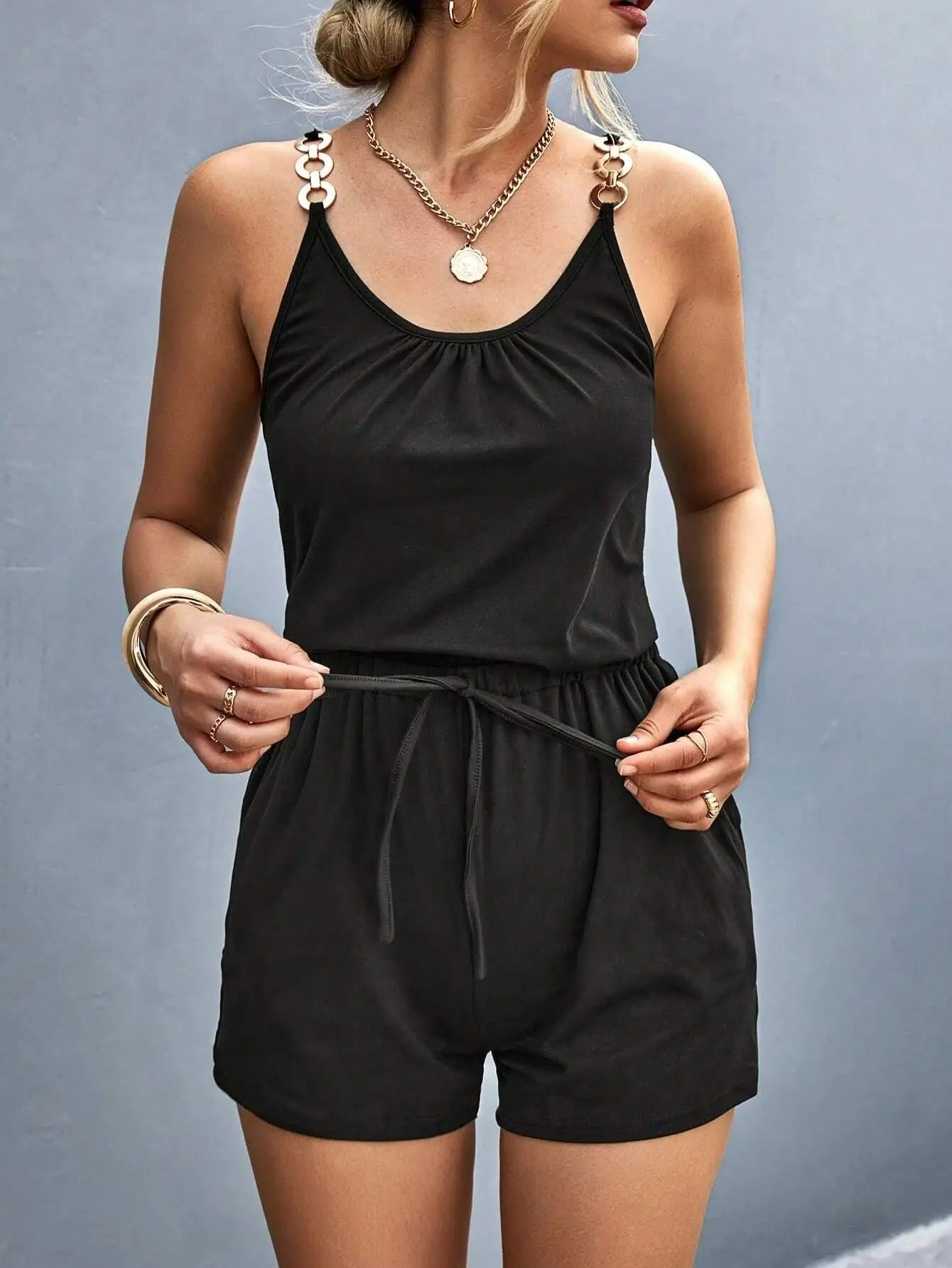 Metal Strap Pleated Jumpsuit