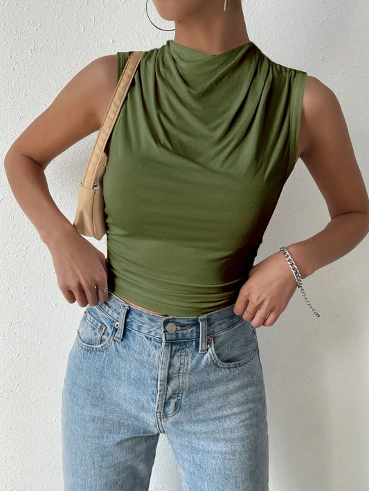 Casual Pleated Slim Half High Neck Top