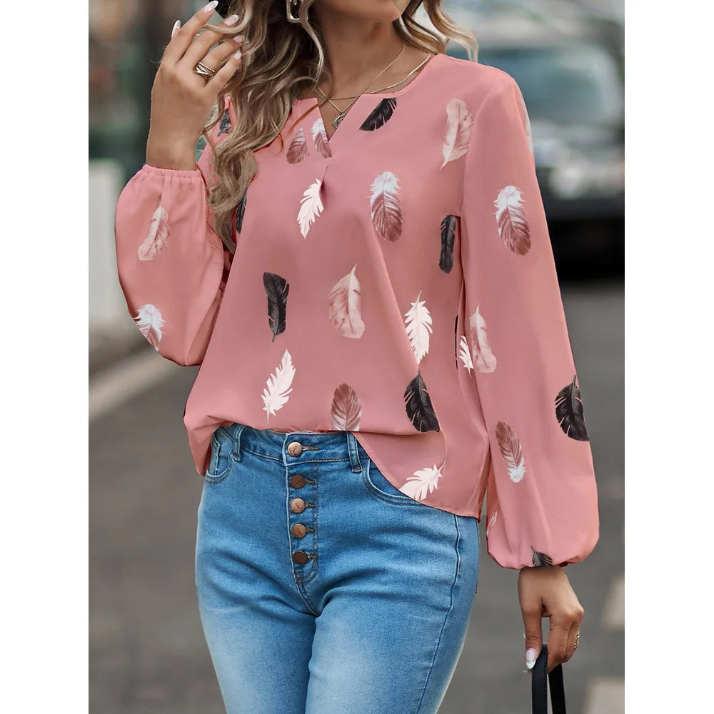 Elegant V-Neck Feather Print Blouse