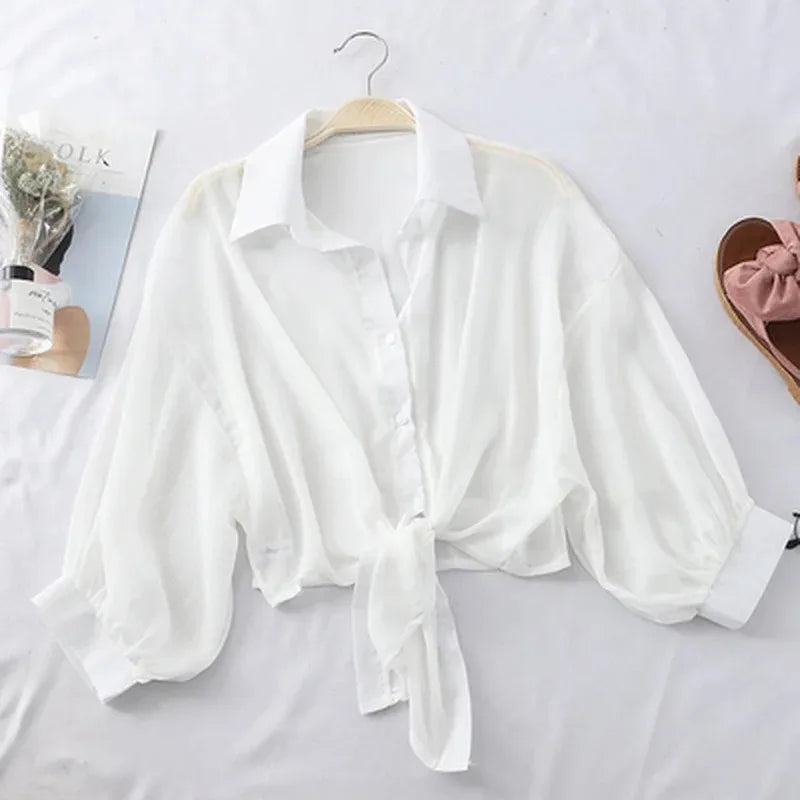 Loose Hollow White Chiffon Blouse