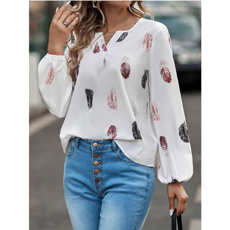 Elegant V-Neck Feather Print Blouse