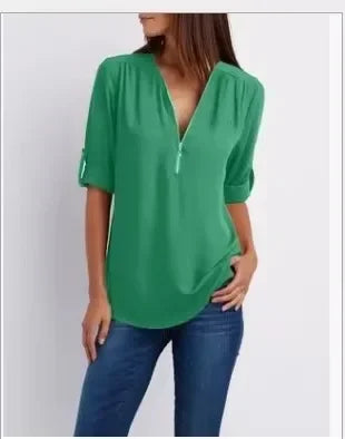 Loose Deep V-Neck Chiffon Blouse