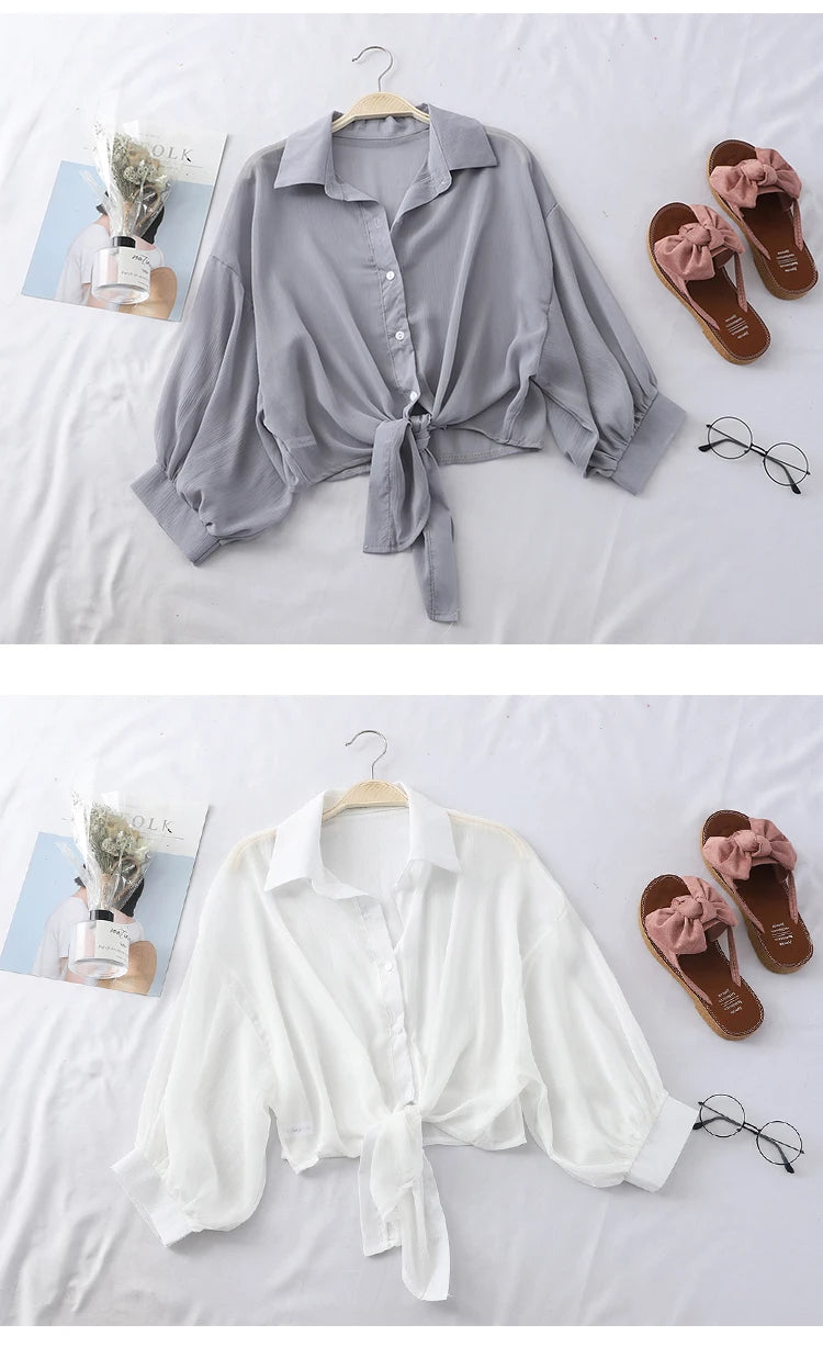 Loose Hollow White Chiffon Blouse