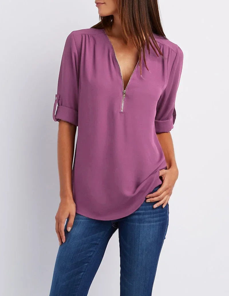 Loose Deep V-Neck Chiffon Blouse