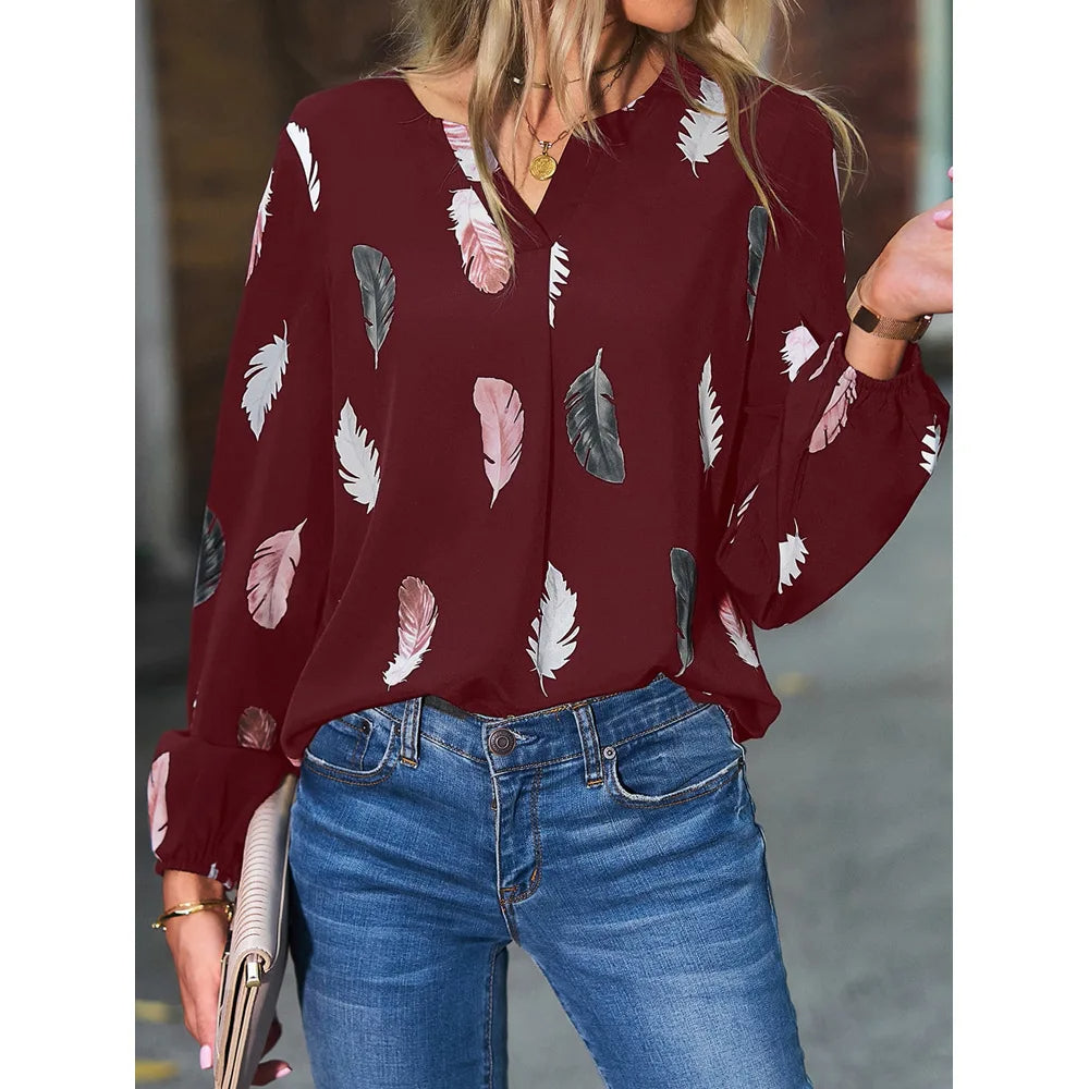 Elegant V-Neck Feather Print Blouse