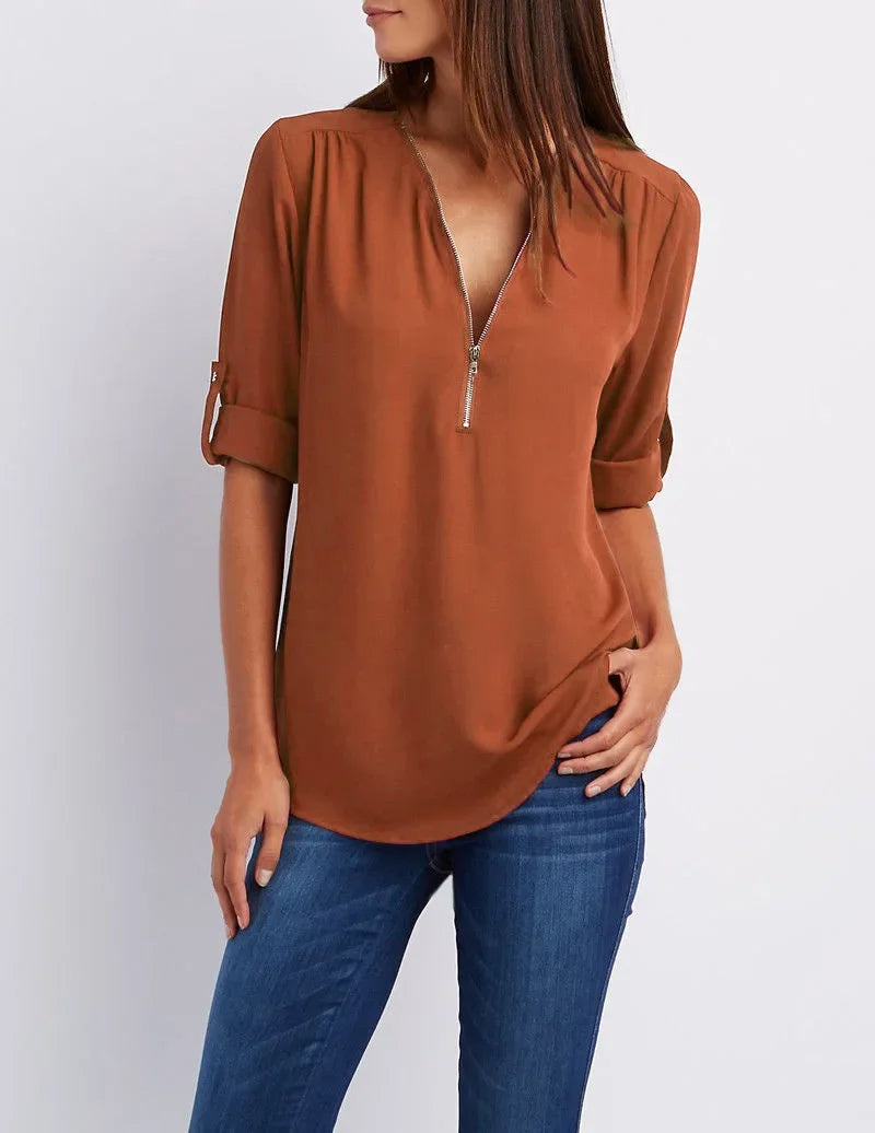 Loose Deep V-Neck Chiffon Blouse