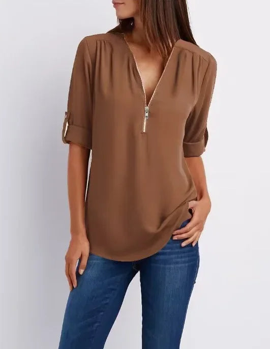 Loose Deep V-Neck Chiffon Blouse