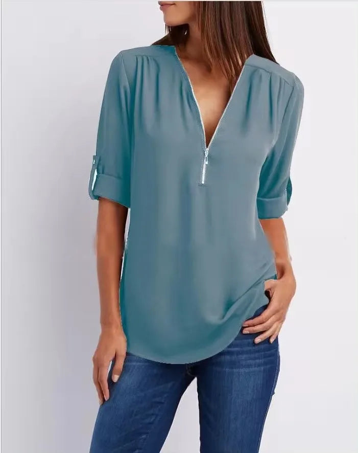 Loose Deep V-Neck Chiffon Blouse