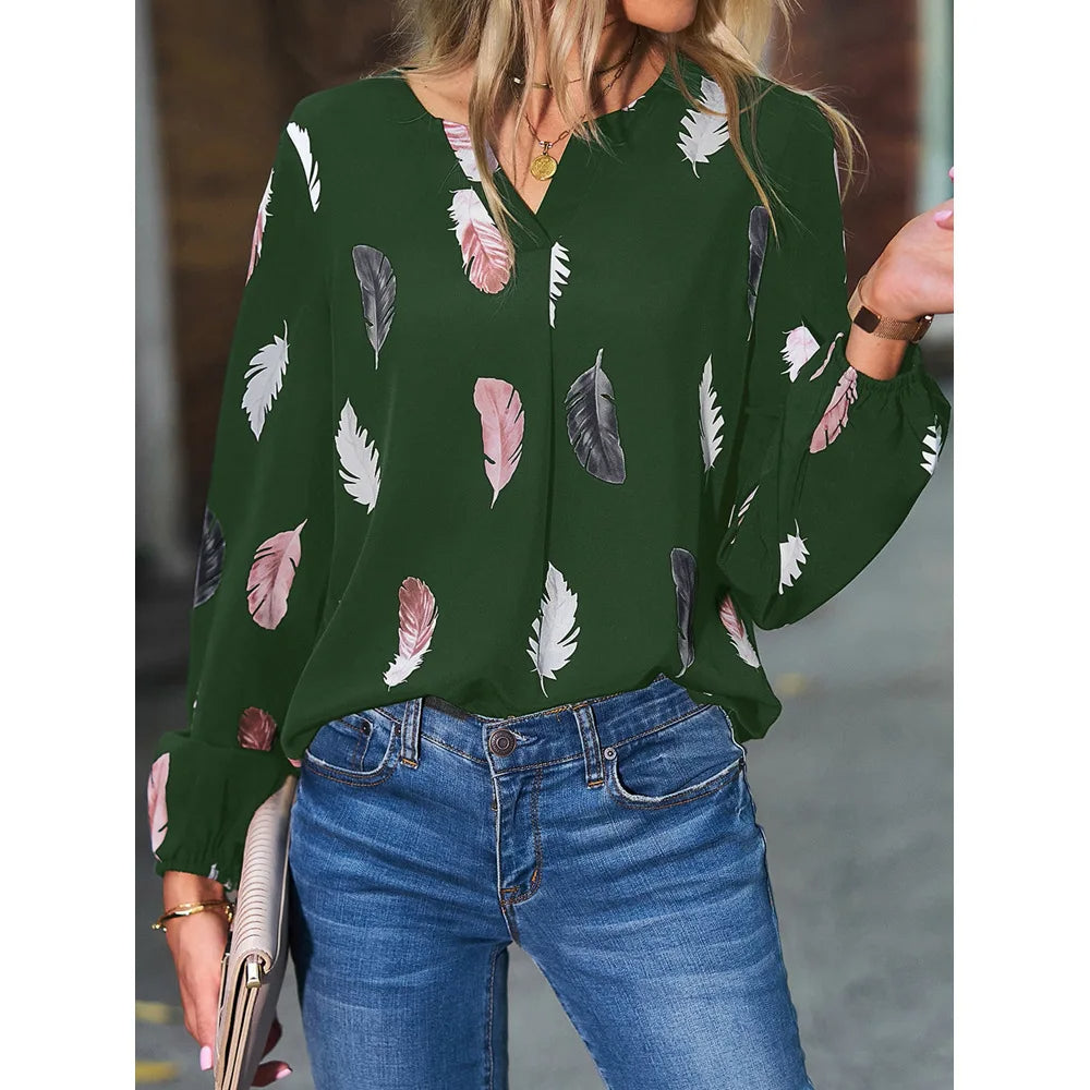 Elegant V-Neck Feather Print Blouse