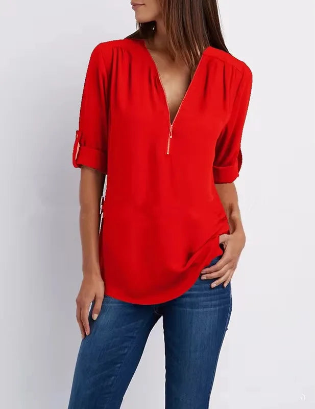 Loose Deep V-Neck Chiffon Blouse