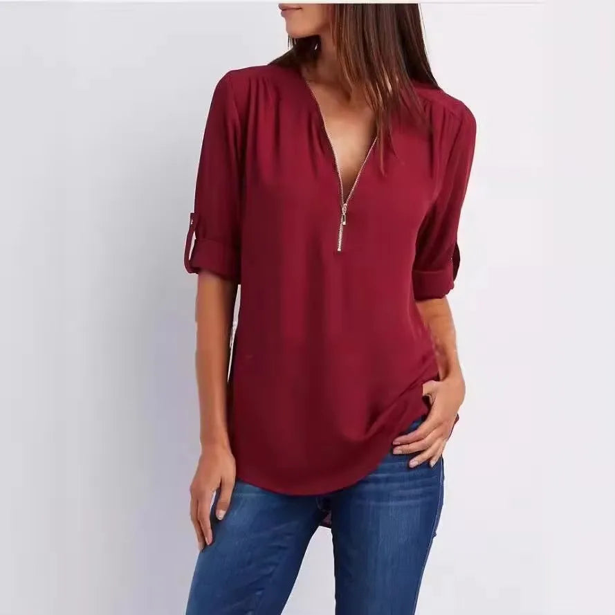 Loose Deep V-Neck Chiffon Blouse