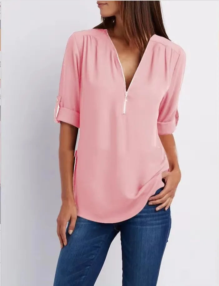 Loose Deep V-Neck Chiffon Blouse