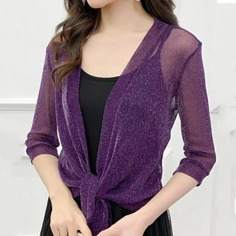 Sheer Glitter Lace-Up Cardigan