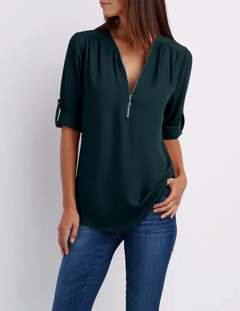 Loose Deep V-Neck Chiffon Blouse