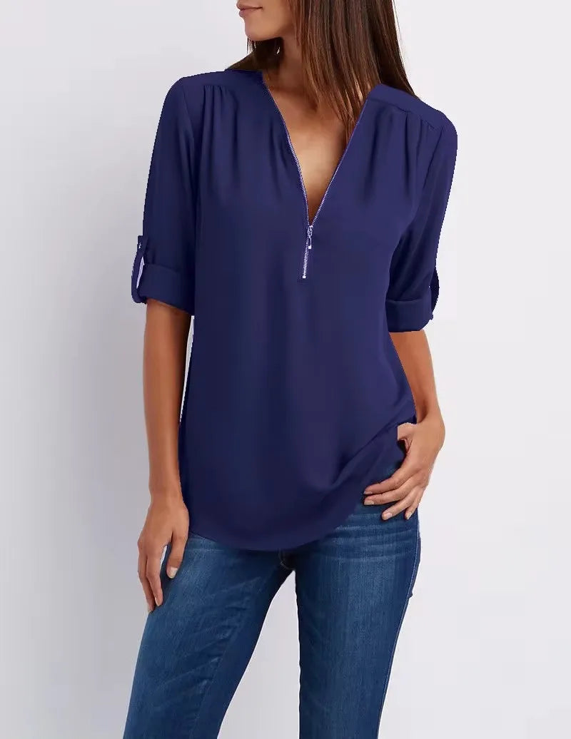 Loose Deep V-Neck Chiffon Blouse