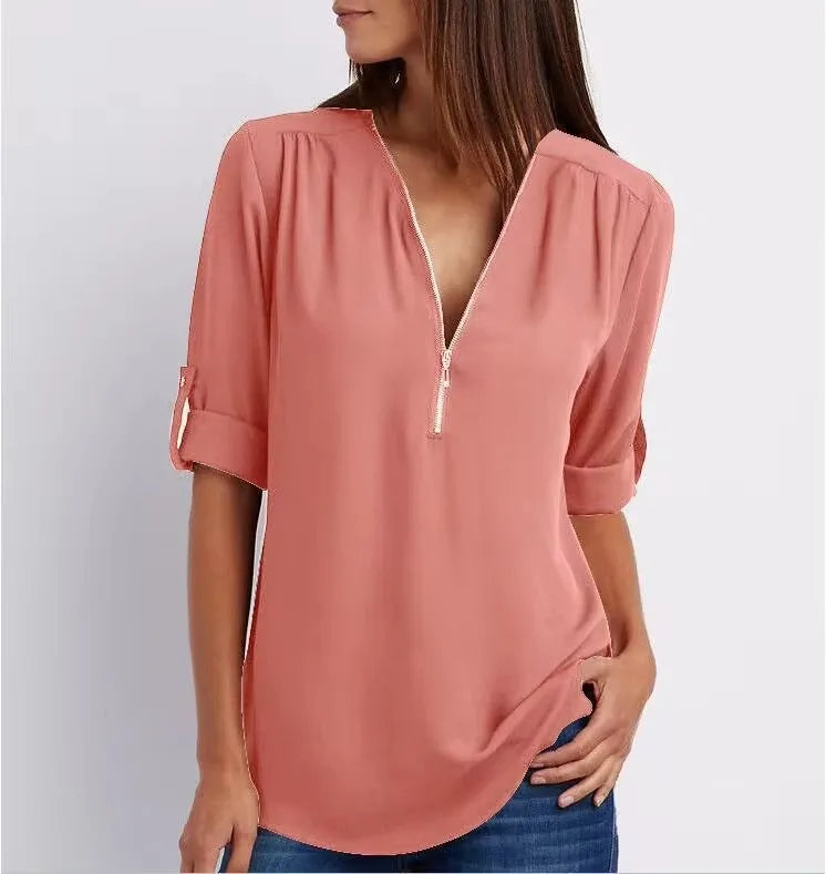 Loose Deep V-Neck Chiffon Blouse