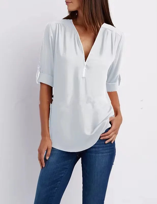 Loose Deep V-Neck Chiffon Blouse