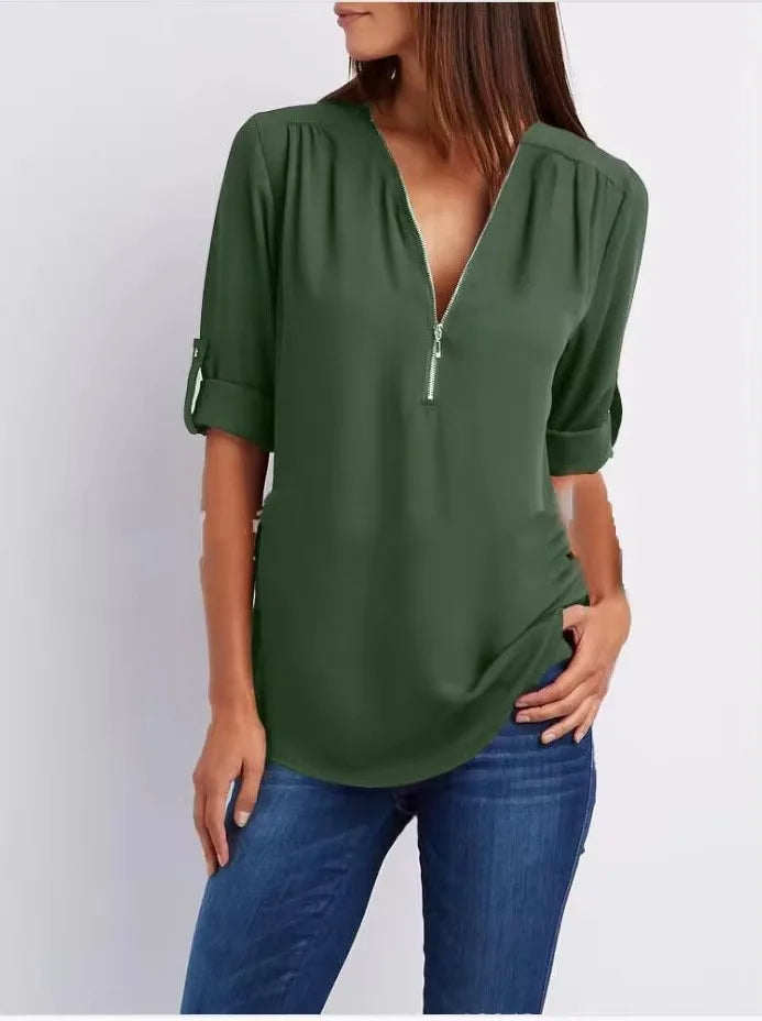 Loose Deep V-Neck Chiffon Blouse