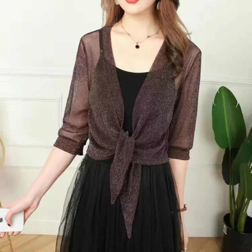 Sheer Glitter Lace-Up Cardigan