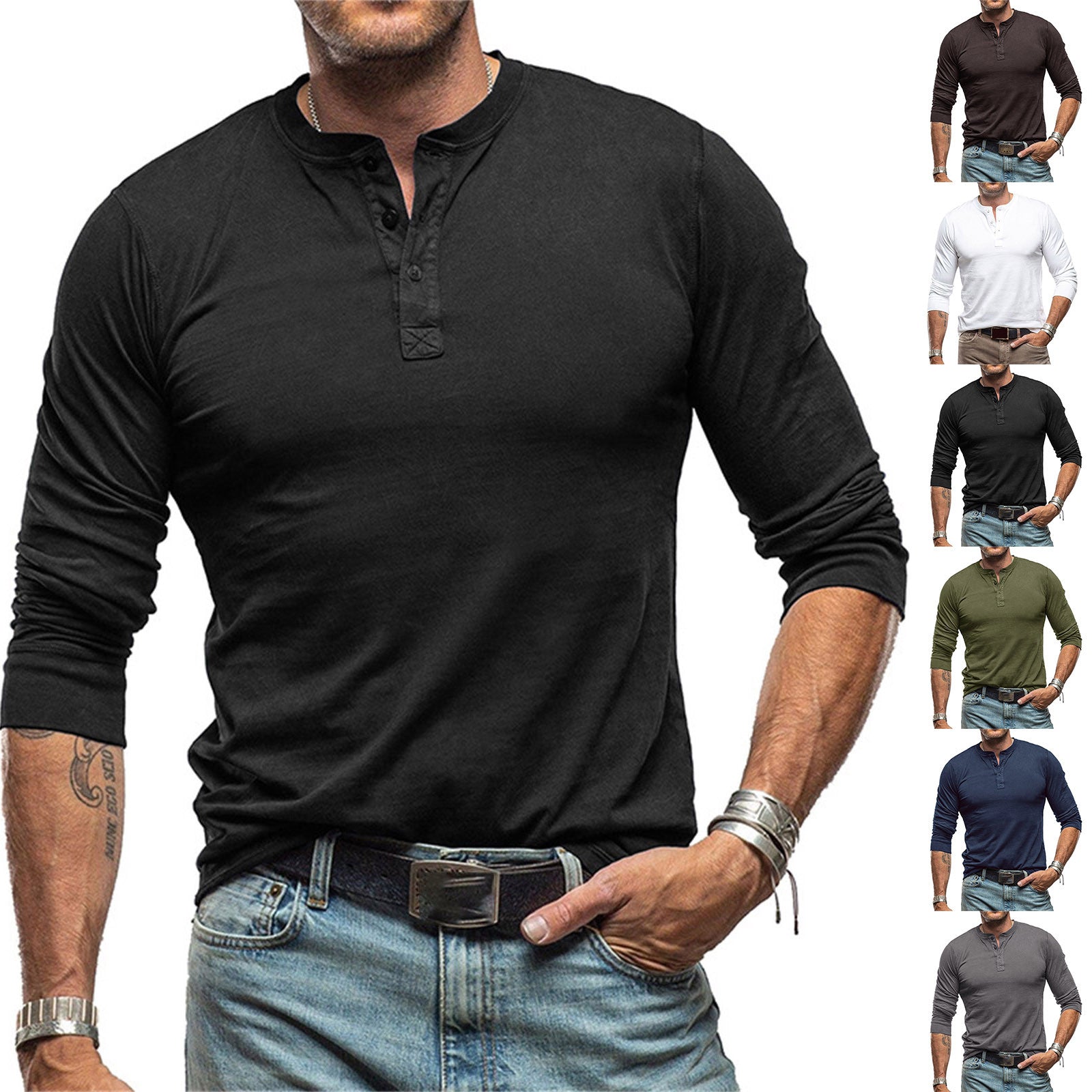 Men's Cotton Henley Long Sleeve Tee