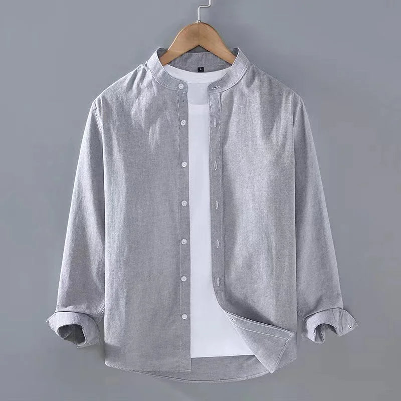 2025 Men's Linen Henley – Long Sleeve, Stand Collar