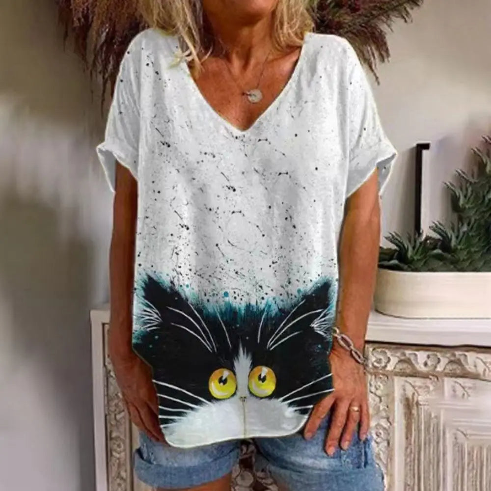 Retro Anime Cat V-Neck Tee