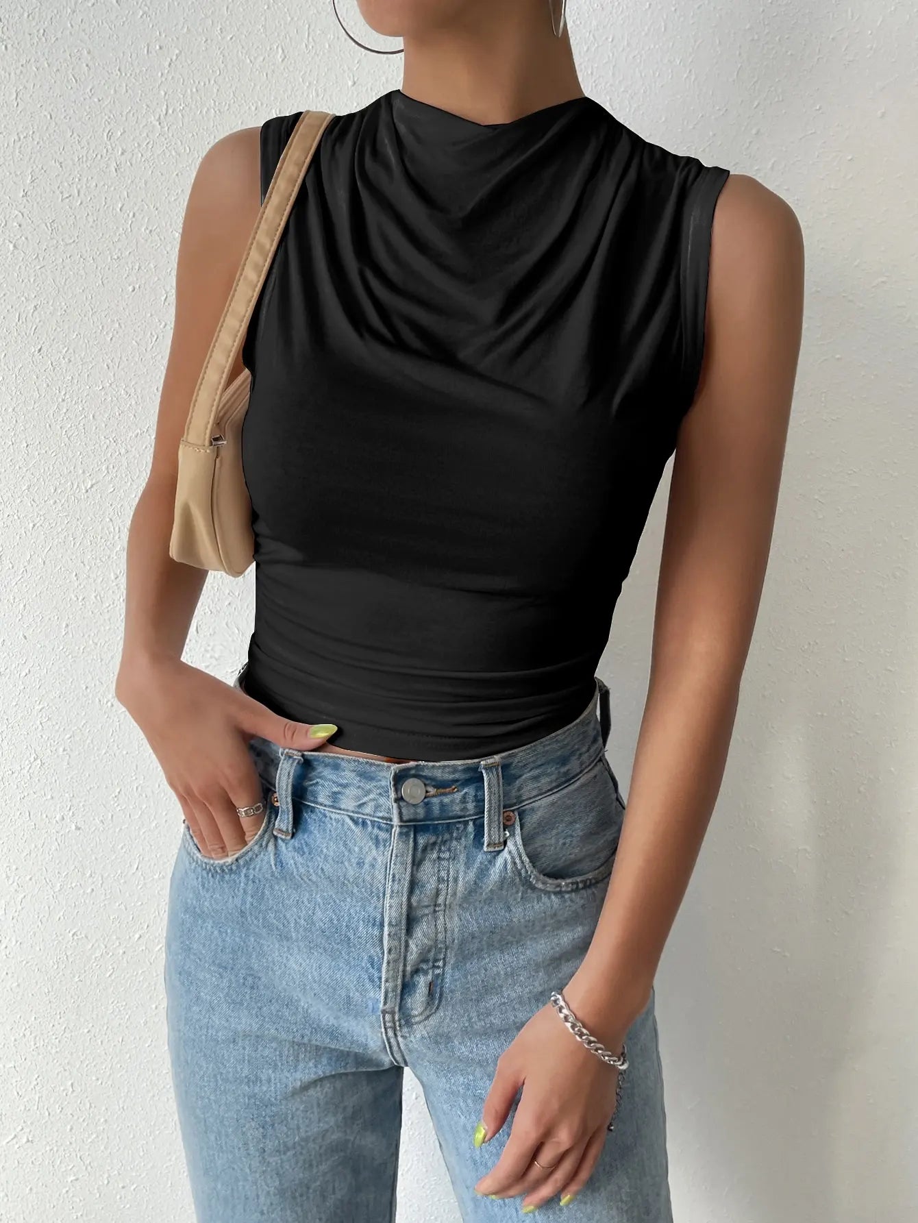 Casual Pleated Slim Half High Neck Top