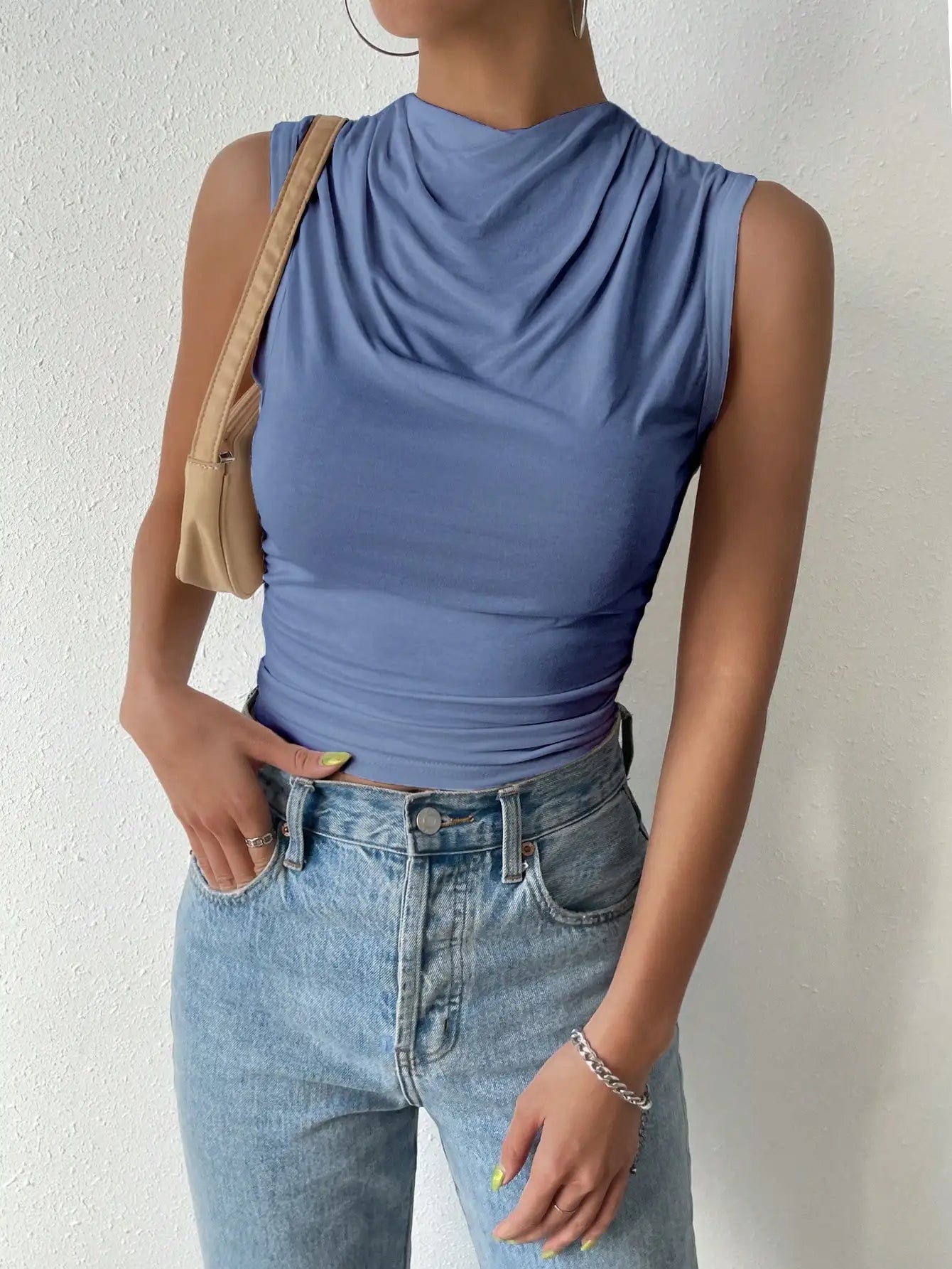 Casual Pleated Slim Half High Neck Top