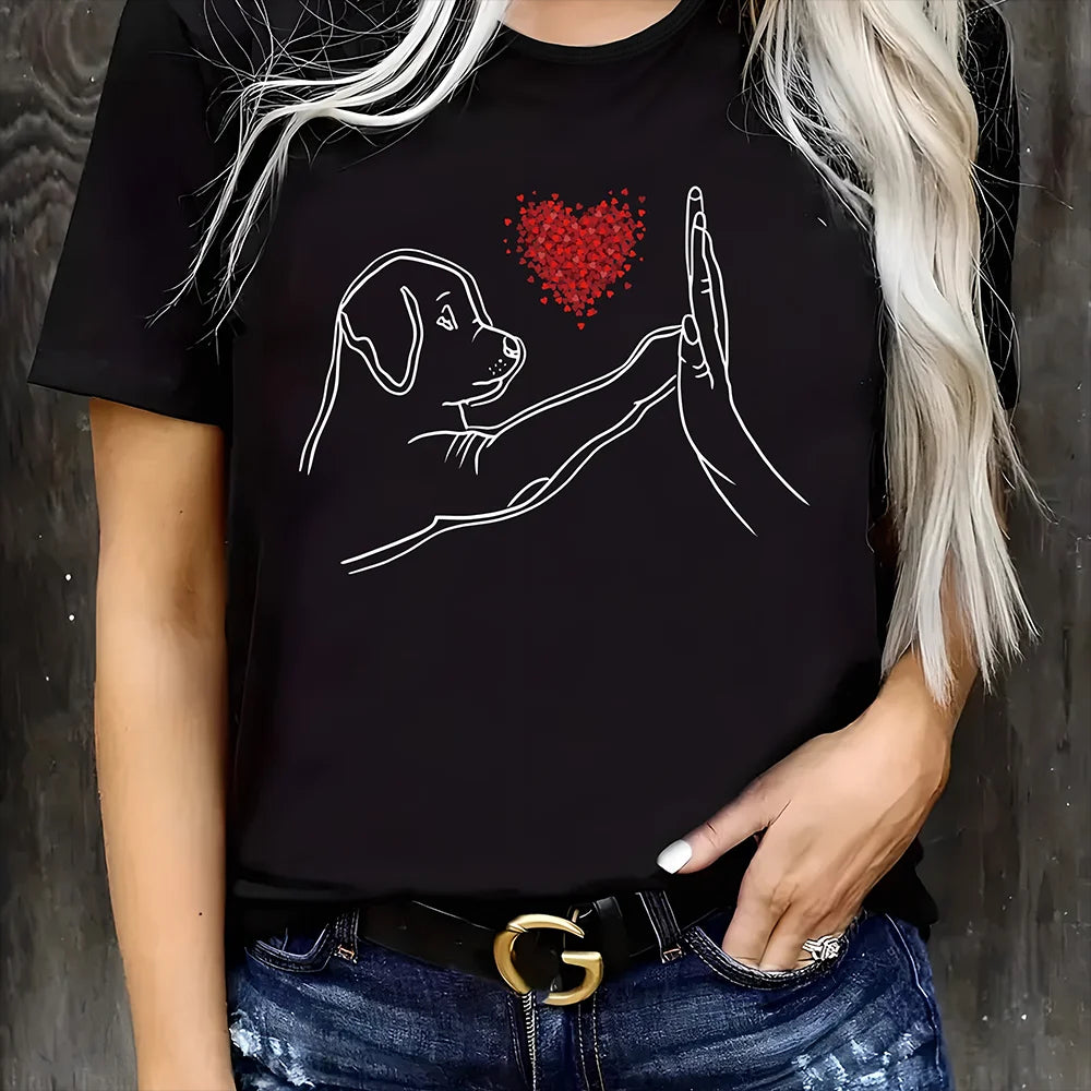 Heart & Dog Print Crew Neck T-Shirt